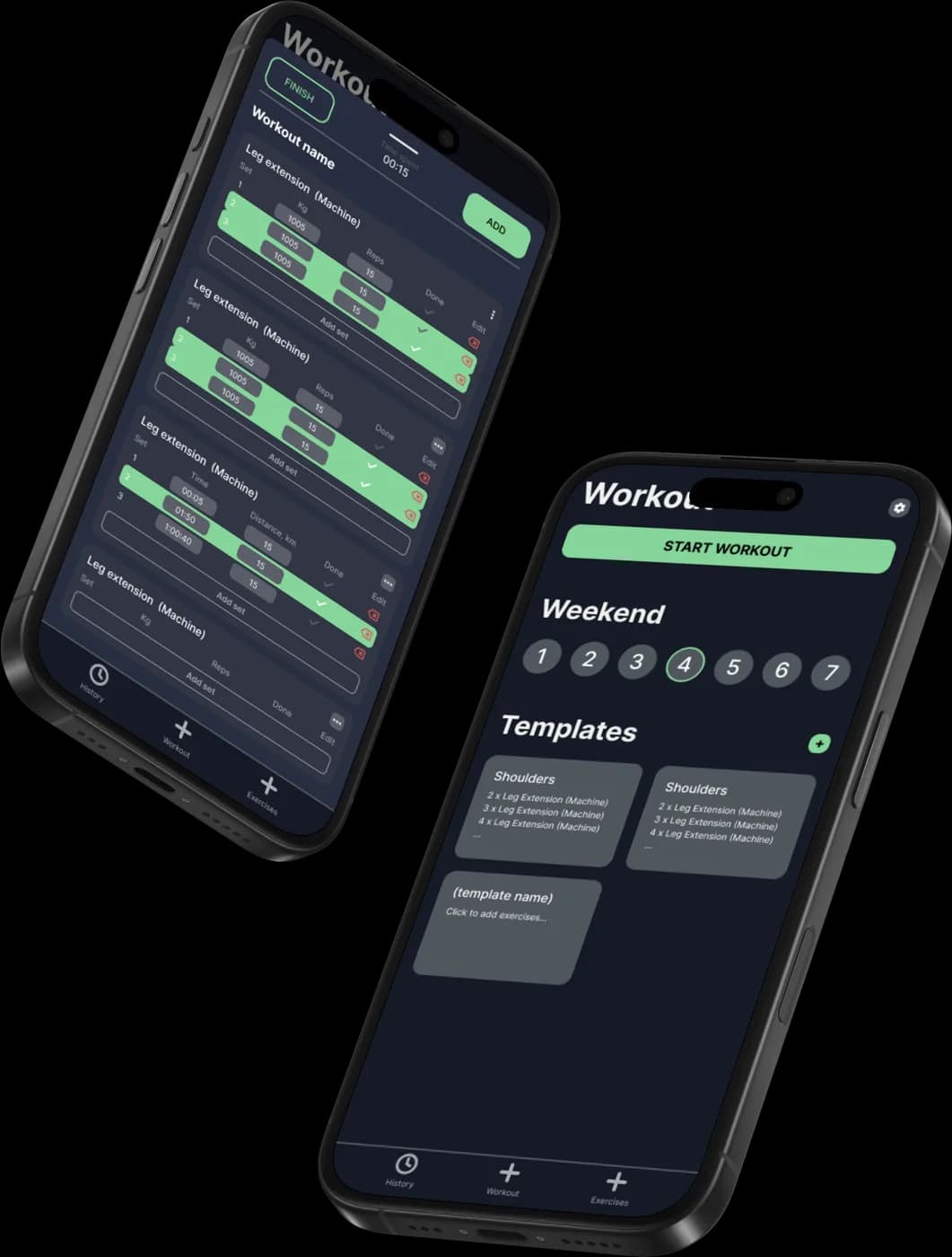 Two smartphones showing a dark-themed workout tracking app